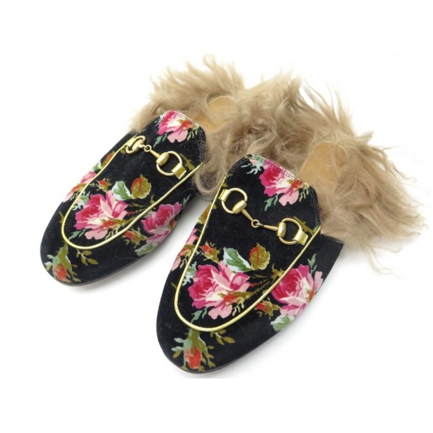 CHAUSSURES GUCCI MULES PRINCETOWN ROSES VELOURS FOURREES 35 IT 36 FR SHOES 890€
