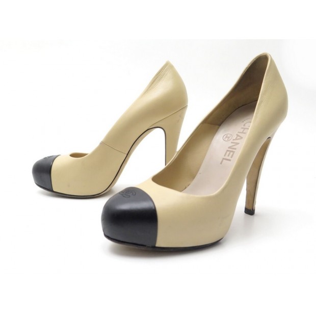 CHAUSSURES CHANEL G28289 ESCARPINS 36 EN CUIR BICOLORE BEIGE NOIR SHOES 810€