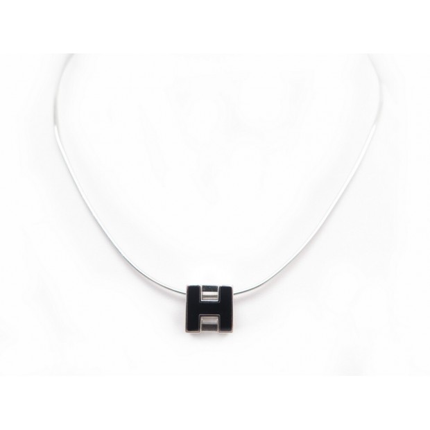 NEUF COLLIER PENDENTIF HERMES CAGE D'H LAQUE NOIRE LIEN ARGENT 925 NECKLACE 465€