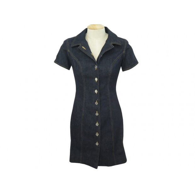 NEUF ROBE CHANEL DENIM BLEU A BOUTONS ARGENTE S 36 COTON BLEU MARINE DRESS 2900€