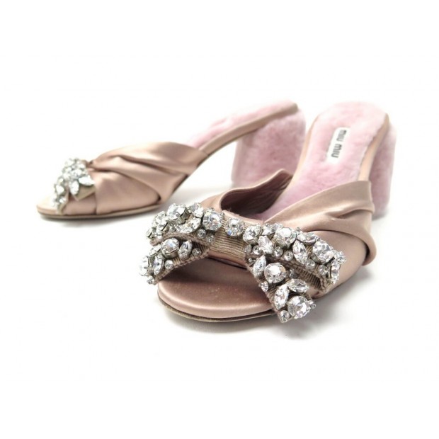 CHAUSSURES MIU MIU STRASS TALONS FOURRURE 08830 SANDALES MULES 35 IT 36 FR SHOES