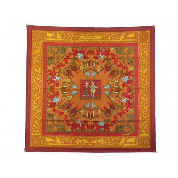 FOULARD HERMES EARLY AMERICA PERRIERE CARRE 90 EN SOIE ROUGE SILK SCARF 460€