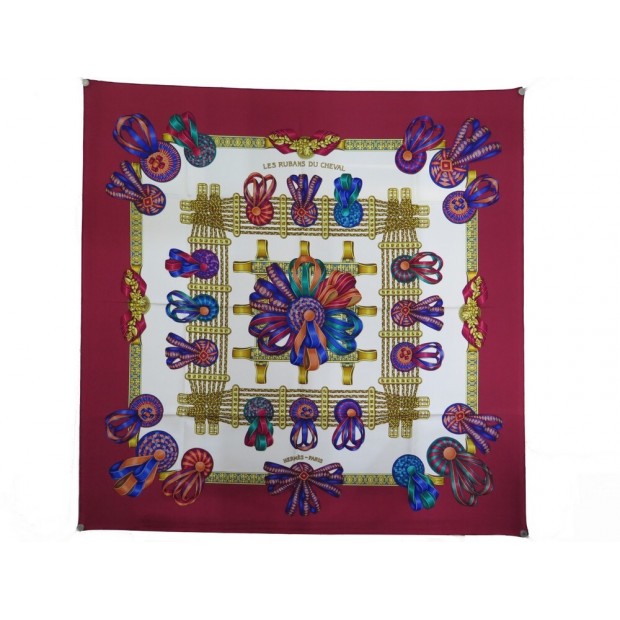 FOULARD HERMES LES RUBANS DU CHEVAL METZ CARRE 90 SOIE BORDEAUX SILK SCARF 460€