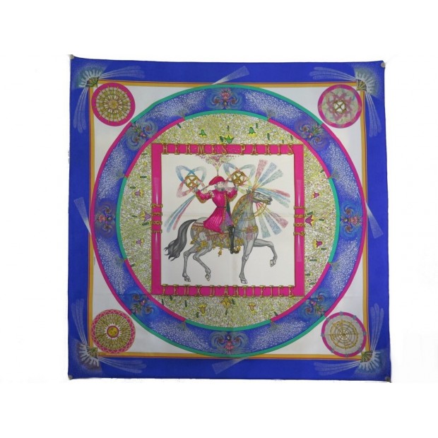 NEUF FOULARD HERMES FEUX D'ARTIFICE 90 CM DUCHENE SOIE BROCHE BLEU SCARF 410€