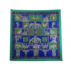 FOULARD HERMES TORANA CARRE 90 CM ANNIE FAIVRE SOIE VERTE BLEU SILK SCARF 460€