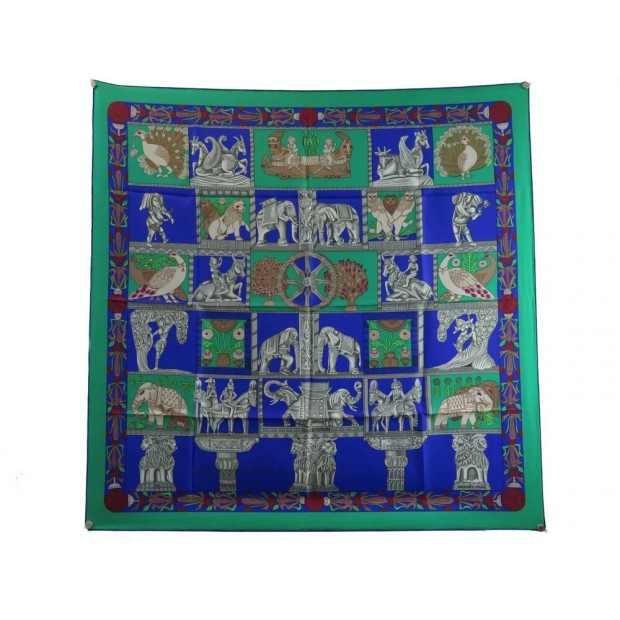 FOULARD HERMES TORANA CARRE 90 CM ANNIE FAIVRE SOIE VERTE BLEU SILK SCARF 460€