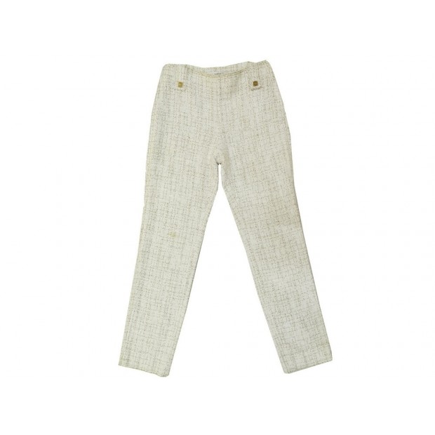 PANTALON CHANEL P17795 38 M EN TWEED DE COTON BLANC WHITE COTTON TROUSERS PANTS