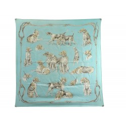 VINTAGE FOULARD HERMES CHIENS DE MEUTE XAVIER DE PORET 90 CM SOIE TURQUOISE 410€