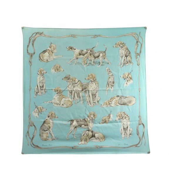 VINTAGE FOULARD HERMES CHIENS DE MEUTE XAVIER DE PORET 90 CM SOIE TURQUOISE 410€