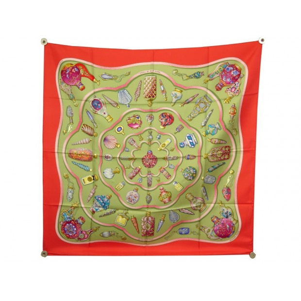 FOULARD HERMES QU'IMPORTE LE FLACON CATHERINE BASCHET SOIE ROUGE SILK SCARF 460€