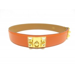 CEINTURE HERMES MEDOR COLLIER DE CHIEN T76 CUIR BOX ORANGE METAL DORE BELT 1380€