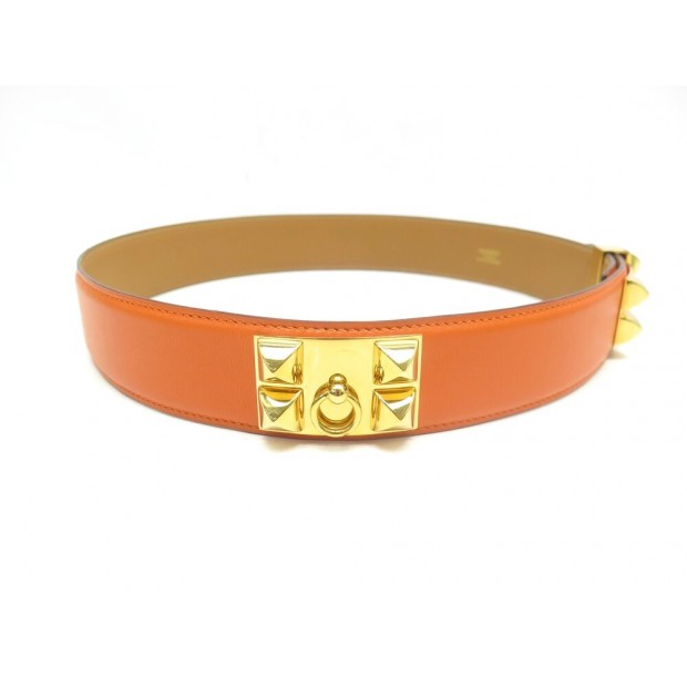 CEINTURE HERMES MEDOR COLLIER DE CHIEN T76 CUIR BOX ORANGE METAL DORE BELT 1380€