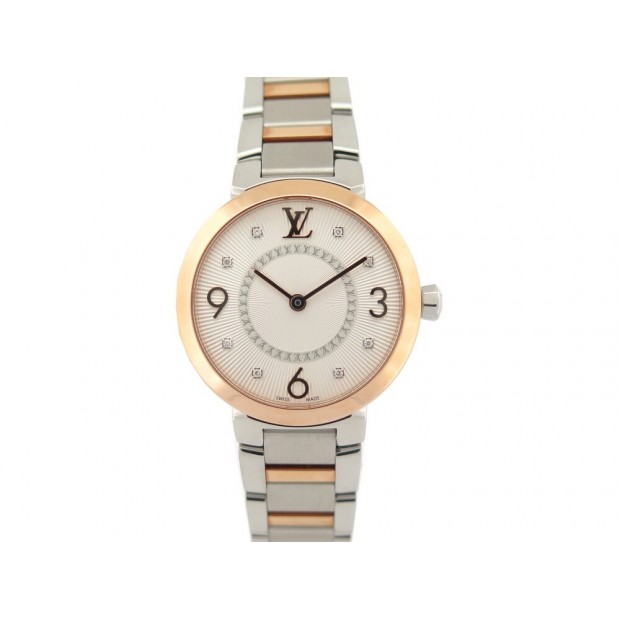 NEUF MONTRE LOUIS VUITTON TAMBOUR SLIM 28MM OR ACIER DIAMANTS QUARTZ WATCH 5900€