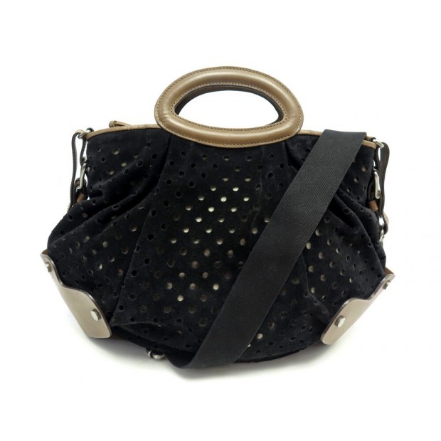 SAC A MAIN MARNI EN CUIR MARRON & DAIM NOIR PERFORE BANDOULIERE PERFORATED PURSE