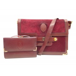 VINTAGE SAC A MAIN LE MUST DE CARTIER BORDEAUX BANDOULIERE + PORTEFEUILLE