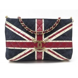 RARE SAC A MAIN CHANEL UNION JACK LOGO CC EN VELOURS BLEU MARINE FLAG HAND BAG