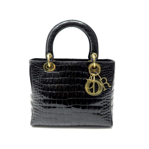 RARE SAC A MAIN CHRISTIAN DIOR LADY MEDIUM EN CUIR DE CROCODILE NOIR HAND BAG