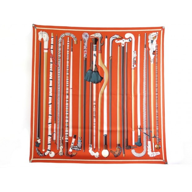 FOULARD HERMES LES CANNES EN SOIE ORANGE CARRE 90 CM + BOITE SILK SCARF 410€