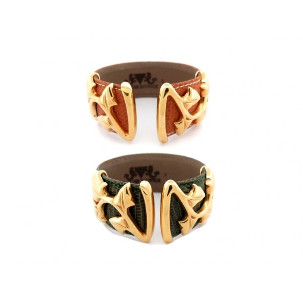 BRACELET VAN DER BAUWEDE MANCHETTE IVY PLAQUE OR + 2 LIENS EN CUIR LEZARD 1250€