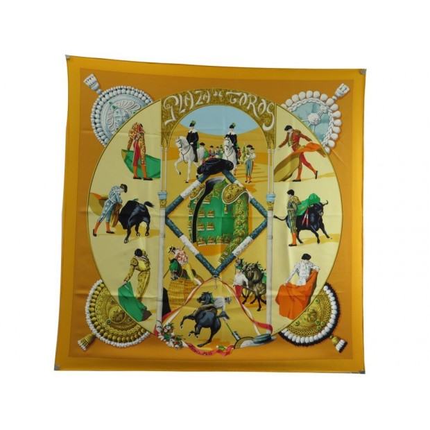 FOULARD HERMES PLAZA DE TOROS WATRIGANT CARRE 90 EN SOIE JAUNE SILK SCARF 410€