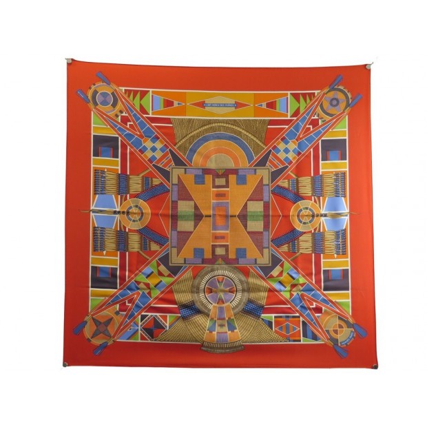 FOULARD HERMES L'ART INDIEN DES PLAINES CARRE 90 SOIE ORANGE SILK SCARF 460€