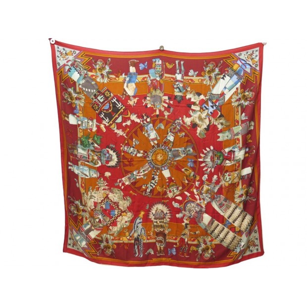 CHALE HERMES KACHINAS KERMIT OLIVER CACHEMIRE ET SOIE ROUGE SILK SHAWL 1000€