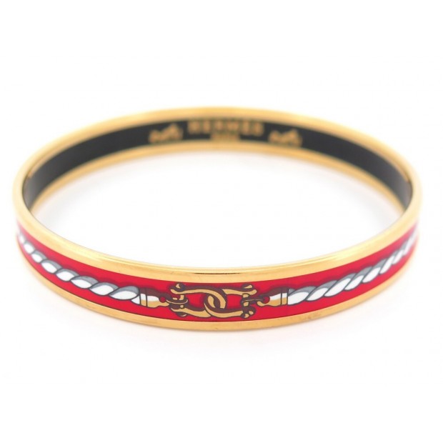 BRACELET HERMES EMAIL FIN ROUGE ET PLAQUE OR 22CM + BOITE RED ENAMEL BANGLE 405€