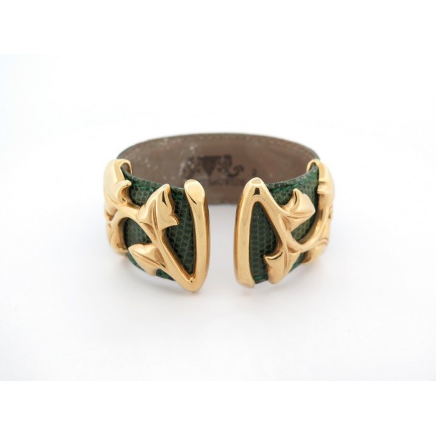 BRACELET VAN DER BAUWEDE MANCHETTE IVY VERMEIL ET CUIR LEZARD VERT BANGLE 1250€