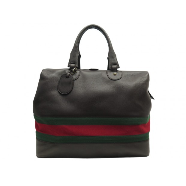 SAC DE VOYAGE GUCCI WEB DUFFLE BAG 245075 BAGAGE A MAIN CUIR MARRON TRAVEL 2800€