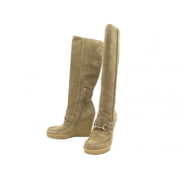 CHAUSSURES GUCCI BOTTES TALONS 247156 MORS 38.5 DAIM BEIGE HORSEBIT BOOTS 1390€