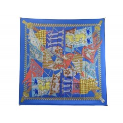 FOULARD HERMES ETENDARDS ET BANNIERES FAIVRE CARRE 90 SOIE BLEU SILK SCARF 460€