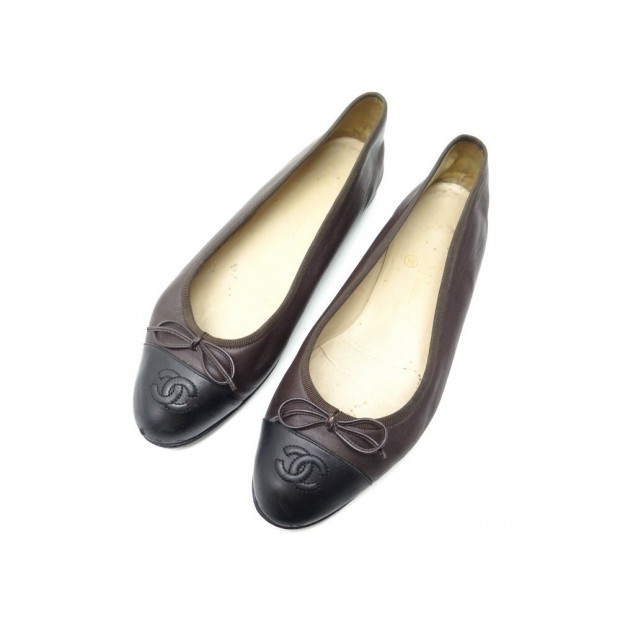 CHAUSSURES CHANEL BALLERINES LOGO CC A02819 39.5 CUIR MARRON ET NOIR SHOES 790€