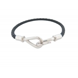 BRACELET HERMES JUMBO EN ACIER PALLADIE ET CUIR NOIR + BOITE LEATHER JEWEL 260€