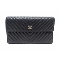 PORTEFEUILLE CHANEL LOGO CC CUIR NOIR CHEVRONS LONG A RABAT PORTE MONNAIE 1290€