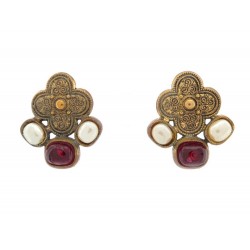 VINTAGE BOUCLES D'OREILLES CHANEL GRIPOIX 1984 BYZANTIN PIERRE CABOCHON EARRINGS