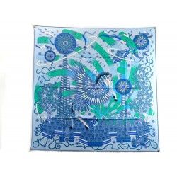 NEUF FOULARD HERMES LA SOURCE DE PEGASE 90 CM EN SOIE BLEUE NEW SILK SCARF 410€