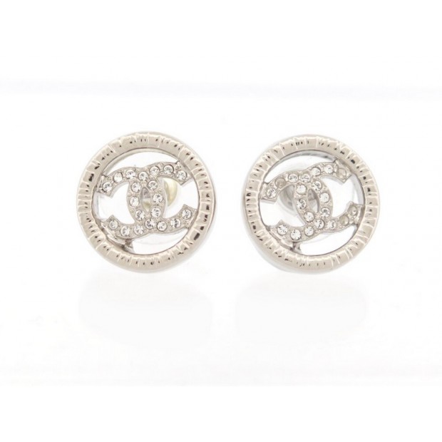 NEUF BOUCLES D'OREILLES CHANEL LOGO CC STRASS EN METAL ARGENTE EARRINGS 20€