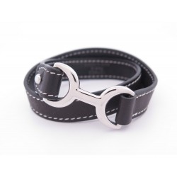 BRACELET HERMES PAVANE DOUBLE TOUR 19CM ACIER PALLADIE CUIR NOIR BANGLE 480€