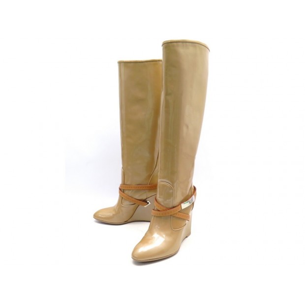 CHAUSSURES BOTTES LOUIS VUITTON 36.5 TALON COMPENSE CUIR VERNI BEIGE BOOTS 1690€