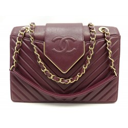 SAC A MAIN CHANEL RABAT LOGO CC BANDOULIERE CUIR CHEVRON BORDEAUX HAND BAG 4900€