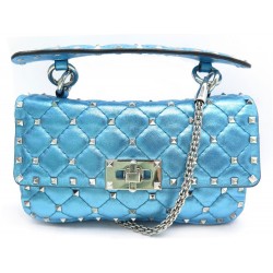 SAC A MAIN VALENTINO ROCKSTUD SPIKE CUIR BLEU METALLISE HAND BAG PURSE 1600€