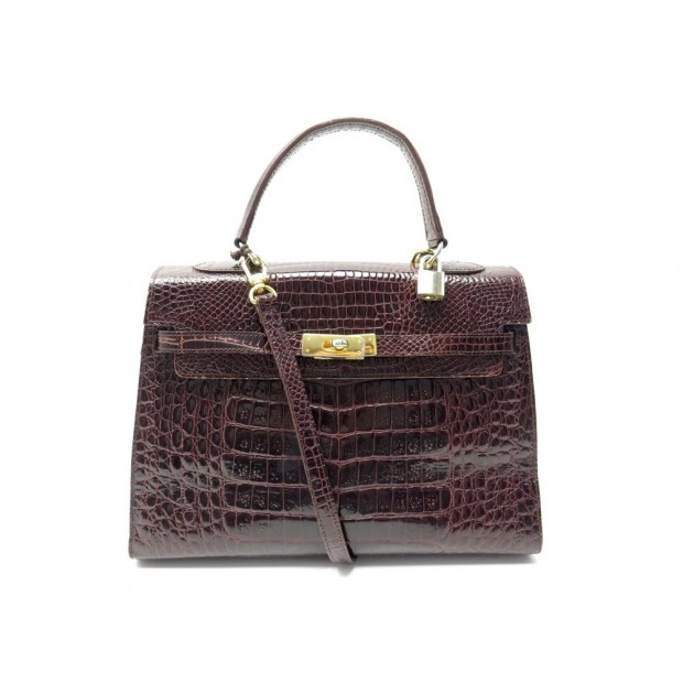 NEUF VINTAGE SAC A MAIN FACON KELLY EN CUIR CROCODILE MARRON LEATHER HAND BAG