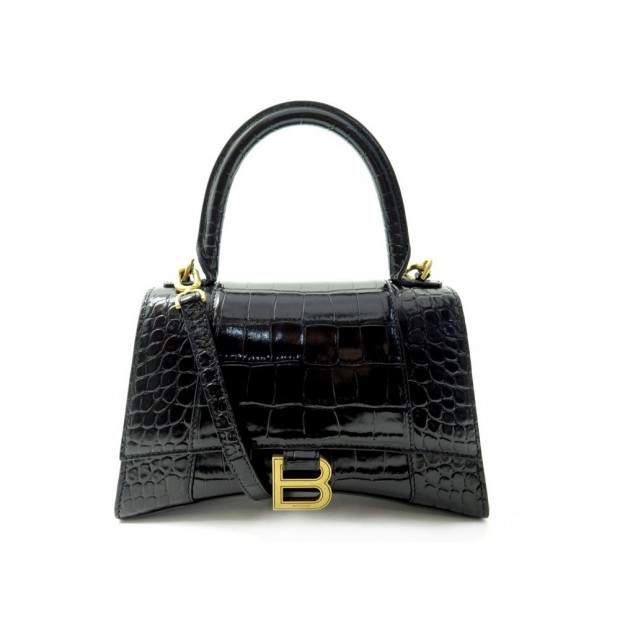 NEUF SAC A MAIN BALENCIAGA HOURGLASS 533546 EN CUIR CROCO NOIR HAND BAG 2150€