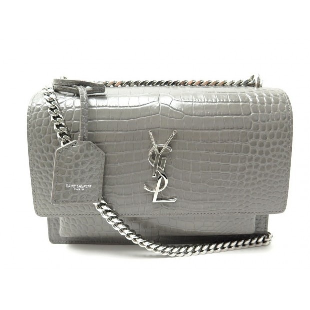 NEUF SAC A MAIN SAINT LAURENT SUNSET MEDIUM 442906 CUIR GRIS EFFET CROCO 2400€