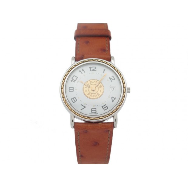 MONTRE HERMES SELLIER OR ET ACIER 40 MM BRACELET AUTRUCHE QUARTZ WATCH 2675€