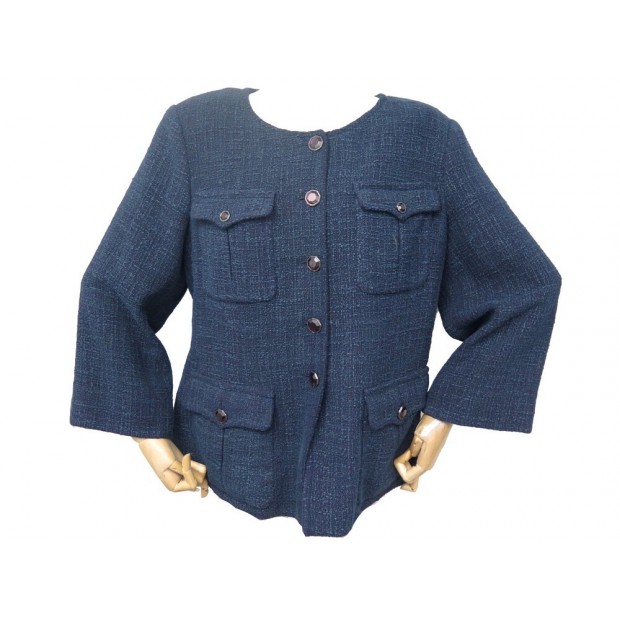 VESTE CHANEL COL ROND TAILLE 42 L EN TWEED BLEU BLUE COTTON WOMAN JACKET 6300€