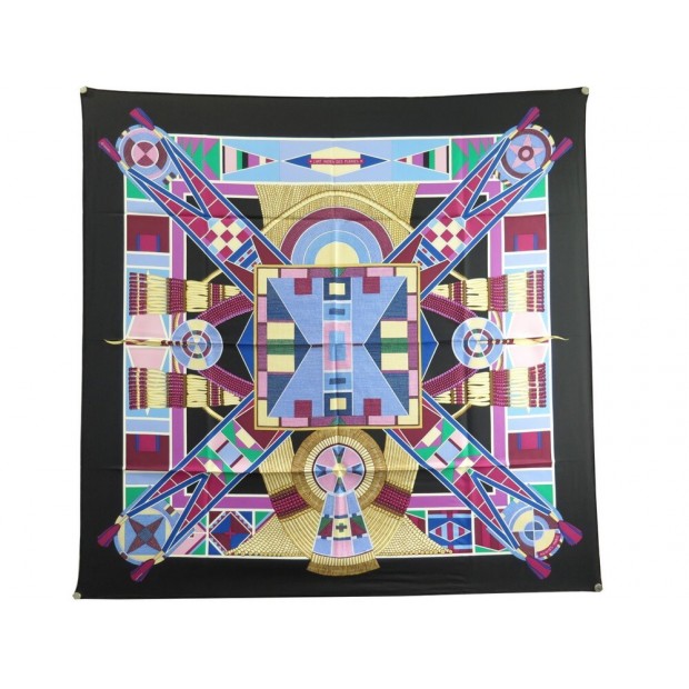 NEUF FOULARD HERMES L'ART INDIEN DES PLAINES CARRE 90 SOIE NOIRE SILK SCARF 460€