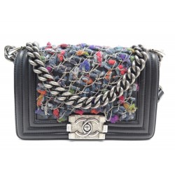 SAC A MAIN CHANEL BOY PETIT MODELE EN CUIR NOIR CHAINE & TWEED LEATHER BAG 5450€