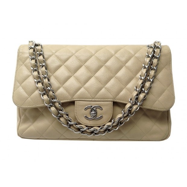 SAC A MAIN CHANEL TIMELESS JUMBO BANDOULIERE EN CUIR CAVIAR BEIGE HANDBAG 9700€