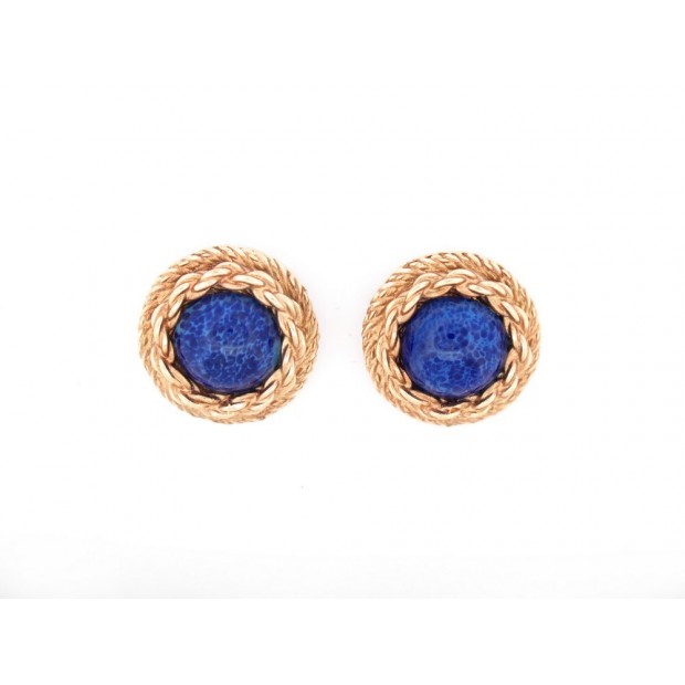 VINTAGE BOUCLES D'OREILLES CHRISTIAN DIOR EN METAL DORE & PERLES BLEUES EARRINGS